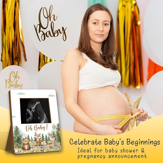ALodr Woodland Baby Shower Decorations, Woodland Baby Shower Sign Picture Frame, Wild Animal Party Decor for Gender Reveal, Pregnancy Milestone Keepsake, Pregnancy Announcement Sonogram Photo Frames