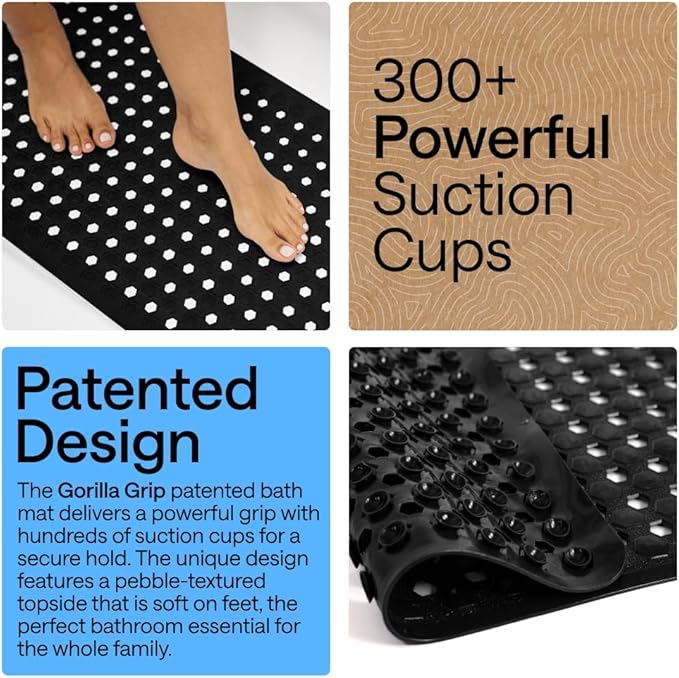 GORILLA GRIP Patented Bath Tub Shower Mat, Machine Washable Bathtub Floor Liner Mats, Suction Cups and Drain Holes to Keep Tubs Clean, Soft on Feet, Bathroom Essentials, 35x16 Inch, Black