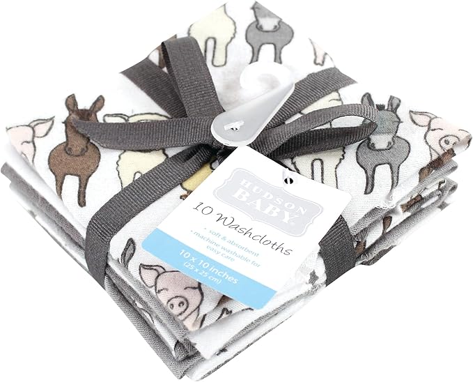 Hudson Baby Unisex Baby Flannel Cotton Washcloths 10-Pack, Farm Friends Grey, One Size