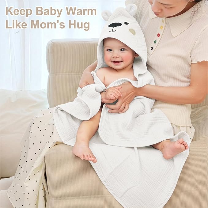 FIOBEE Hooded Baby Towels 100% Muslin Baby Bath Towels for Newborn with Animal Design Ultra-Soft and Absorbent Bath Essentials for Toddler, Unisex Girls Boys 30 x 30 inch, White Bear