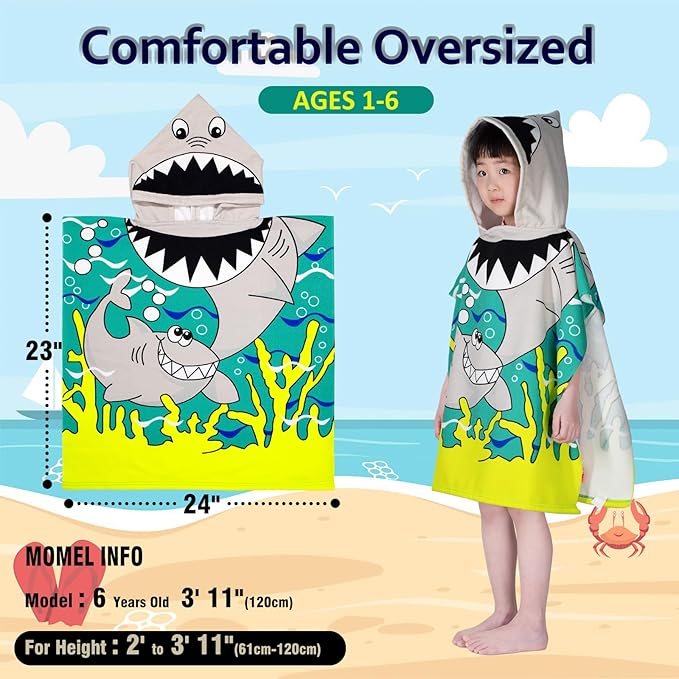 Hooded Kids Beach Towels - Toddler Bath Towel Girls Boys Swim Cover-ups for Ages 1 to 6 Kids Pool Towels Quick Dry Lightweight Soft Microfiber Poncho Towel 24x23(Sharks Blue)