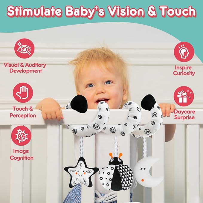 Baby Spiral Hanging Stroller and Car Seat Toys Black and White High Contrast Sensory Toy Newborn Plush Activity Toys Party Favors Quality Baby Shower Valentine's Gifts