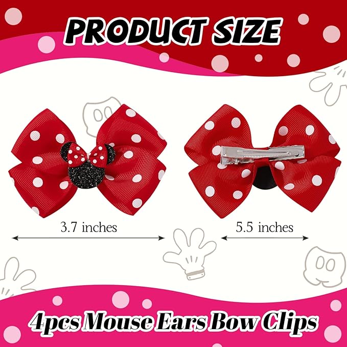 4PCS Mouse Ears Hair Bow Clips, 3 Inch Toddler Girls Polka Dot Hair Accessories, Birthday Party Decoration for Baby Toddler Girls