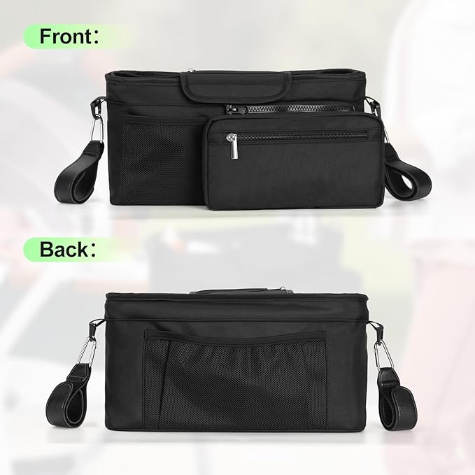 Universal Stroller Organizer Bag, Stroller Caddy with Insulated Cup Holders & Detachable Phone Bag and Shoulder Strap, Stroller Bag for Baby Accessories Fits Most Strollers On Travel, Walks (Black)
