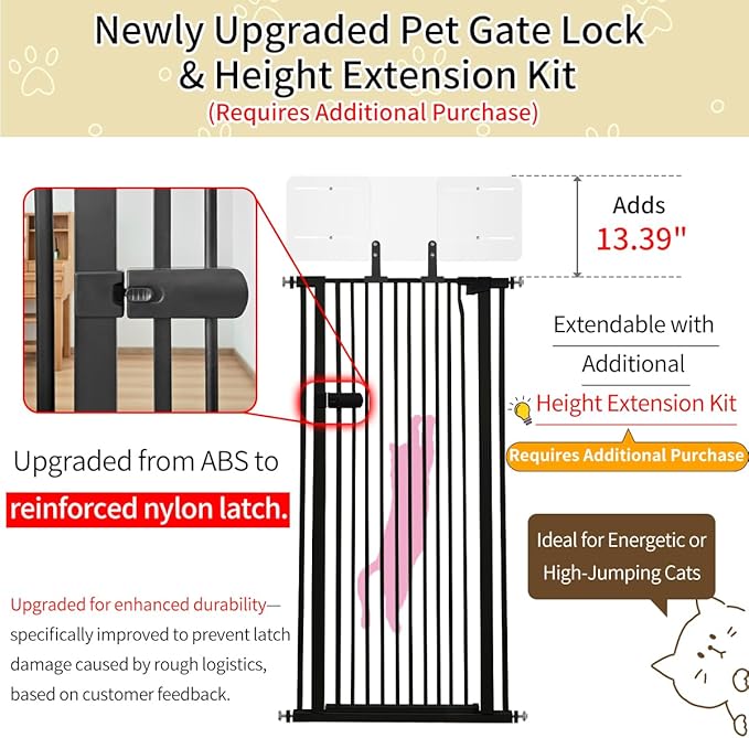 Lumizone Extra Tall Cat Gate 61.02" High Pressure Mounted Extra Wide 2025 New (17 Sizes) 1.37" Gap No Drilling Auto-Close One-Handed Operation Tall Pet Gate for Dogs(Black, 61.02" H x 26.18"-29.91" W)