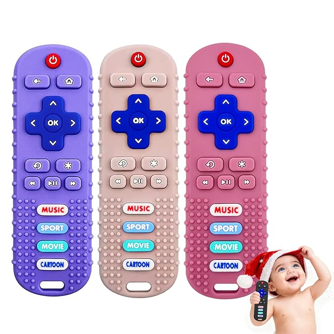 3 Pack Baby Teething Toys&Remote Control Toy, Baby Chew Toys for Teething Relief, Food Grade Silicone Teethers for Babies 3-24 Months, Baby’s First Valentine’s Day Gift for Boys and Girls