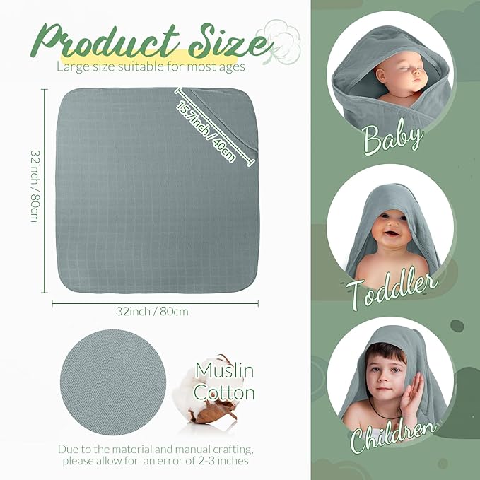 Preboun 4 Pcs Muslin Hooded Baby Towels,32"x 32" Cotton Newborn Bath Towel Muslin Infant Baby Blankets Absorbent Unisex Newborn Registry Gift for Girls Boys(Green Series)