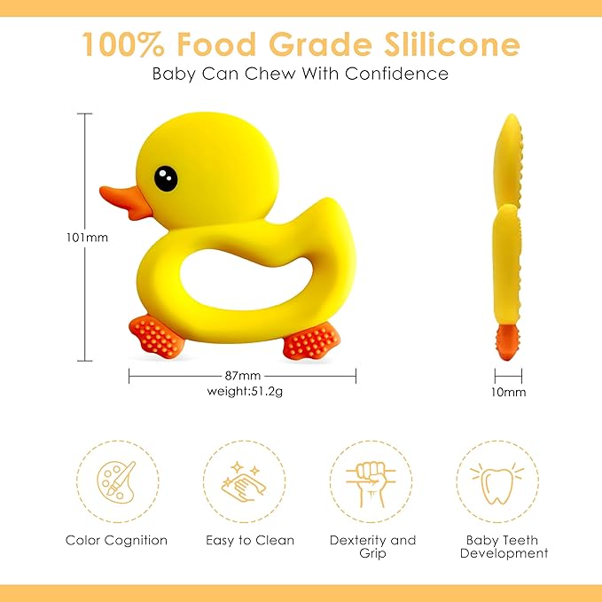 [BabyBite] Baby Teething Toys Cute Duck Teether for Sensory and Developmental Play for Baby and Toddler 100% BPA Free Food Grade Silicone (Yellow)