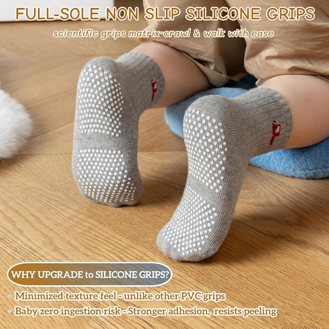 Toddler Grip Socks Non Slip Crew Socks Cute Seamless Cotton Socks for Baby Boys Girls Infants Kids 9 Pairs