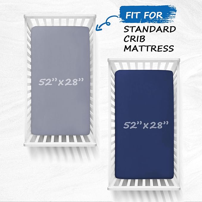 Crib Sheets Boy Girl, 2 Pack Baby Crib Sheets for Standard Crib Mattress & Toddler Bed Mattress, Snug Fit Breathable Soft Fitted Crib Sheet, Grey & Navy