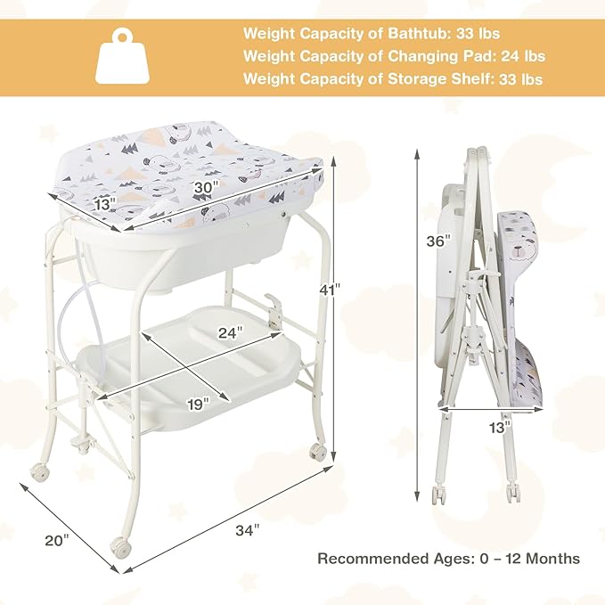 HONEY JOY 2-in-1 Baby Bathtub & Changing Table, Foldable Infant Diaper Changing Station with Wheels, Storage Tray, Waterproof Pad, Portable Newborn Nursery Organizer Bath Stand for Boys Girls (White)