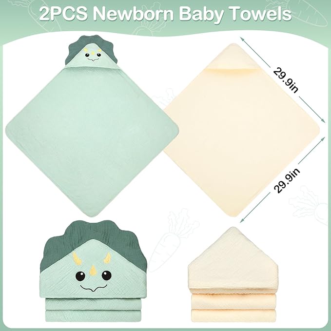 Unicorn Castle Hooded Baby Towels 2Pack 100% Muslin Baby Bath Towels for Newborn Animal Design Ultra-Soft Baby Girl Boy Bath Essentials 30 X 30 Inch,Green Dinosaur - Beige