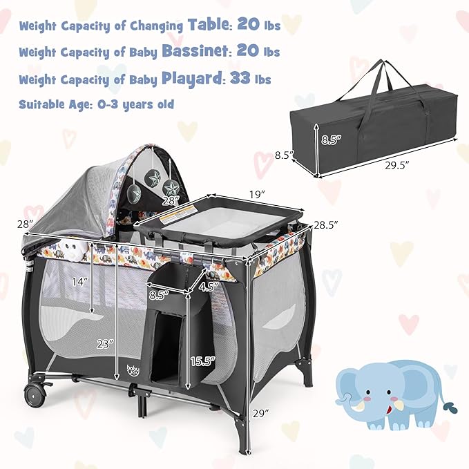 BABY JOY 4 in 1 Pack and Play, Portable Baby Playard with Bassinet, Adjustable Canopy, Changing Table, Lockable Wheels, Music Box, Travel Baby Crib Bassinet from Newborn to Toddler