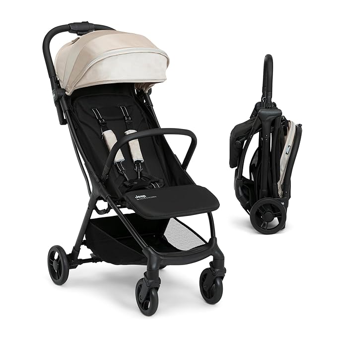 Jeep Altitude Compact Travel Stroller by Delta Children Greenguard Gold, Easy One Hand Fold, Lightweight, Extendable Canopy with Peek-a-Boo Window, Reclining Seat, 4 Wheel Suspension, Tan