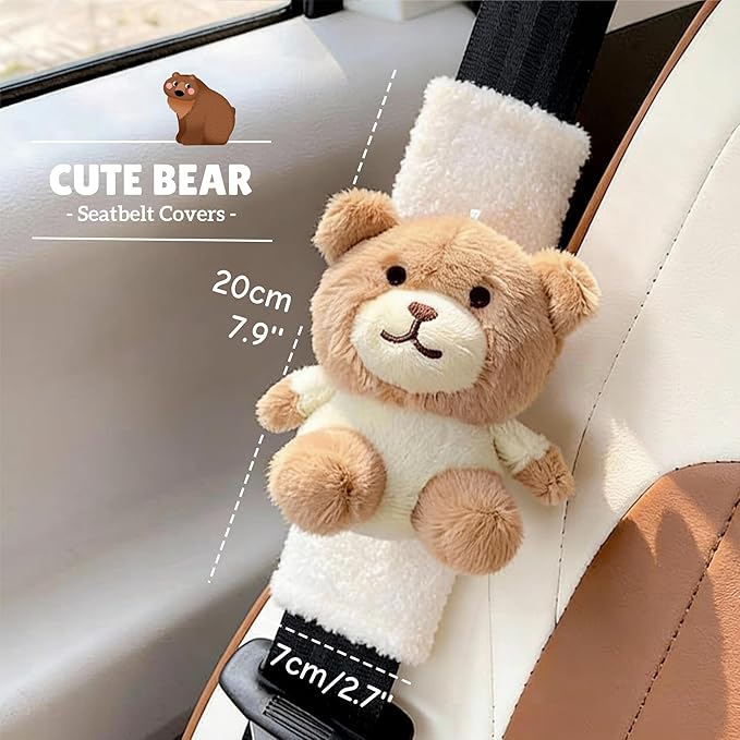 2 PCS Seat Belt Cover Pad, Cute Kawaii Animal Bear Seatbelt Covers for Kids and Adults, Winter Plush Fluffy Soft Seat Belt Cover, Cartoon Seatbelt Cushion,Car Seat Strap Pads (D-Bear)