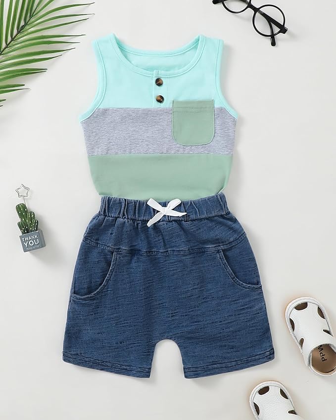 Jecson Baby Boy Summer Clothes Toddler Boy Outfits Letter Print Short Sleeve T-Shirt Denim Shorts Clothing Set 6M-4T