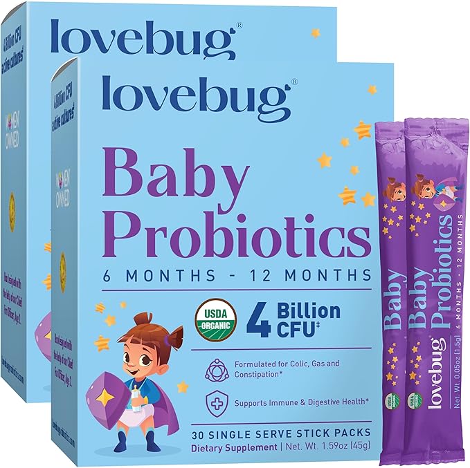 LOVEBUG Probiotics for Babies - Organic Baby Probiotics 6-12 Months for Baby Immune Support, Gas, Colic, Diarrhea & Infant Constipation Relief Sugar-Free, Tasteless Powder, 60 Pack