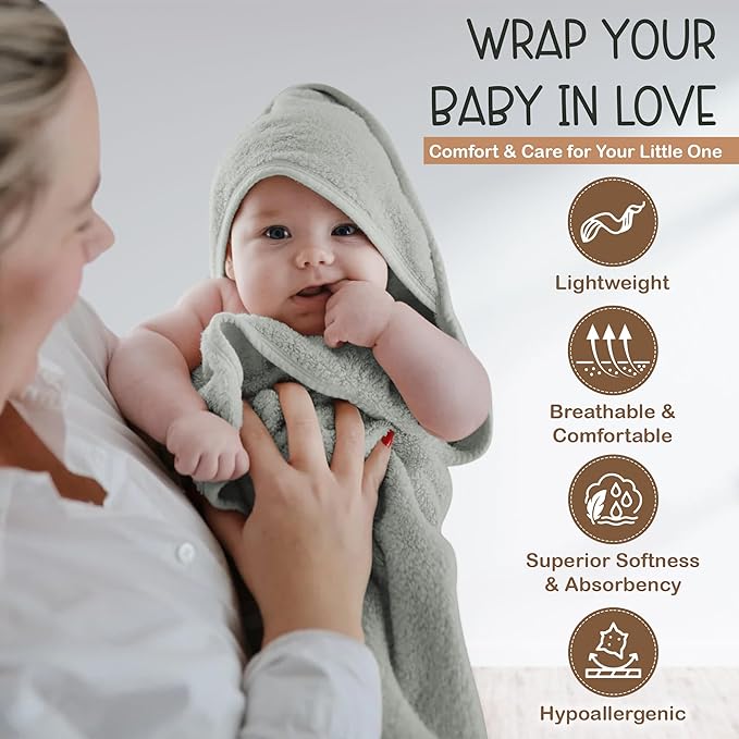 100% Organic Cotton Plush Woven Hooded Baby Bath Towels - Soft and Absorbent 31x31 Inches for Newborns and Kids, Baby Hood Towels for Newborn, Premium Infant Towels (Moos Green)