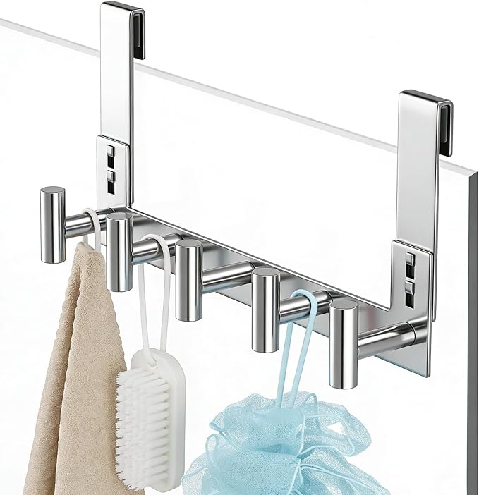 PMMASTO Shower Door Hooks, (7.5 Inch) Extended Towel Hook for Bathroom Frameless Glass Shower Doors, Stainless Steel Heavy Duty Holder for Hanging Robe,Towel (Silver 5 T-Hooks-Fits 3/8" Thick Door)