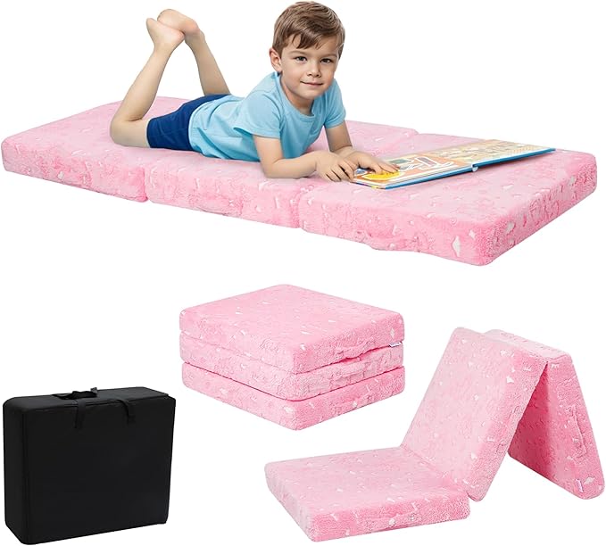 MeMoreCool Glow Unicorn Kids Foldable Floor Mattress Mat with Carry Bag, 3-in-1 Tri-Fold Futon, Soft Plush Glow Cover, Portable for Travel, Pink 75x25 Inch