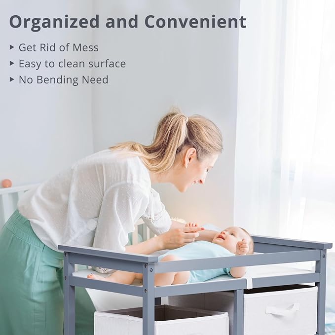 Wooden Baby Changing Table, Modern Diaper Changing Table, Infant Diaper Changing Station Dresser with Laundry Hamper, 3 Drawer Basket and Changing Pad