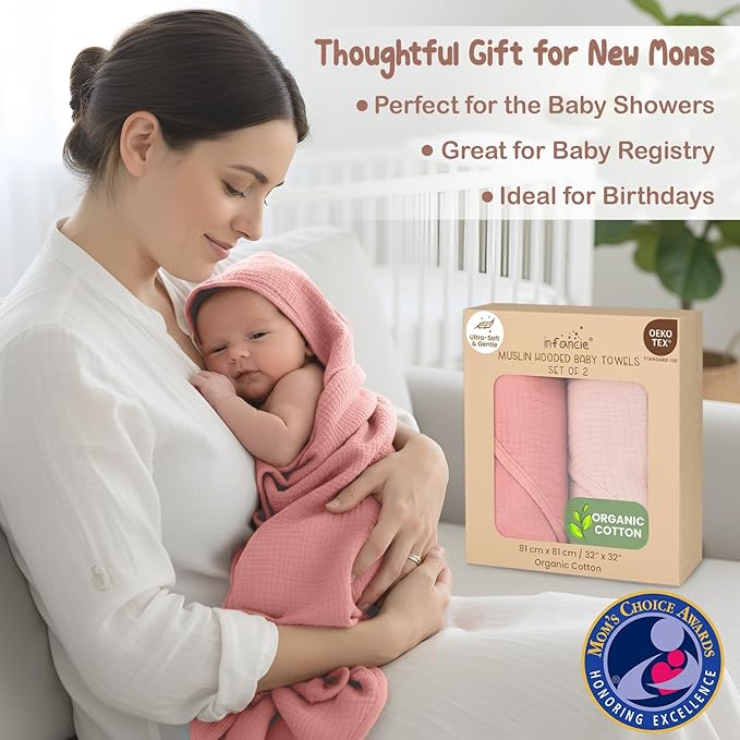 100% Organic Cotton Muslin Baby Hooded Towels 32x32 Inch – 2 Pack Soft & Absorbent Baby Towels for Newborn for Boys & Girls, Premium Hooded Towels, Ultra-Gentle Baby Essentials in Rose/Peach