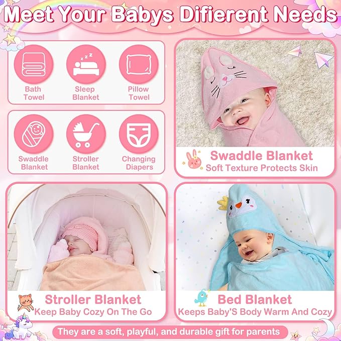 14 Pcs Baby Towel Set, Soft Baby Bath Towels and Washcloths Set, 4 Pcs 32x32 in Animal Hooded Bath Towel & 10 Pcs Baby Washcloths for Infants, Toddlers and Kids for Boys or Girls