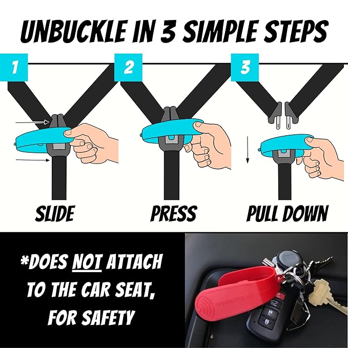 UnbuckleMe Car Seat Buckle Release Tool (As Seen on Shark Tank) - Easy Opener Aid for Arthritis, Long Nails, Older Kids - Button Pusher for Infant, Toddler, Convertible Car Seats (2 Pack, Blue & Red)