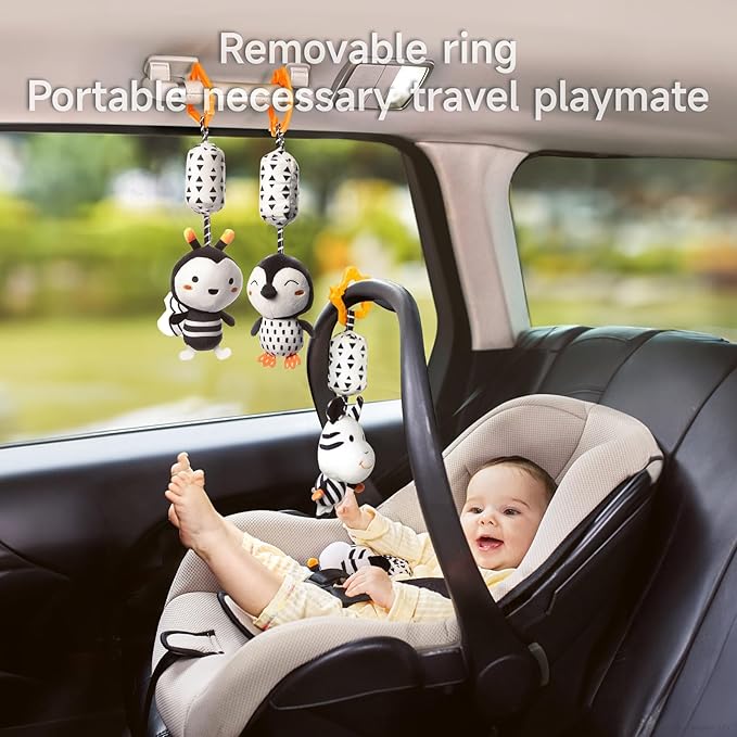 TUMAMA Black and White Baby Toys for 3 6 9 12 Months,Plush Hanging Rattles,Newborn Stroller Toys for Boys and Girls,4 Pack