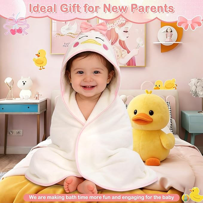 4 PCS Baby Towels Set, Soft Baby Towels and Washcloths Set, 1 Hooded Baby Towel and 3 Baby Washcloths for Newborns, Toddlers, and Kids, 32x32 Baby Towel with Hood for Boy and Girl (Pink Duck)