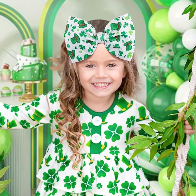 YanJie 7'' St.Patrick's Day Baby Girl Bows Clover Headband Shamrock Bow St. Patrick Top Hat Hair Bows Newborn Wide Hairbands Hair Accessories