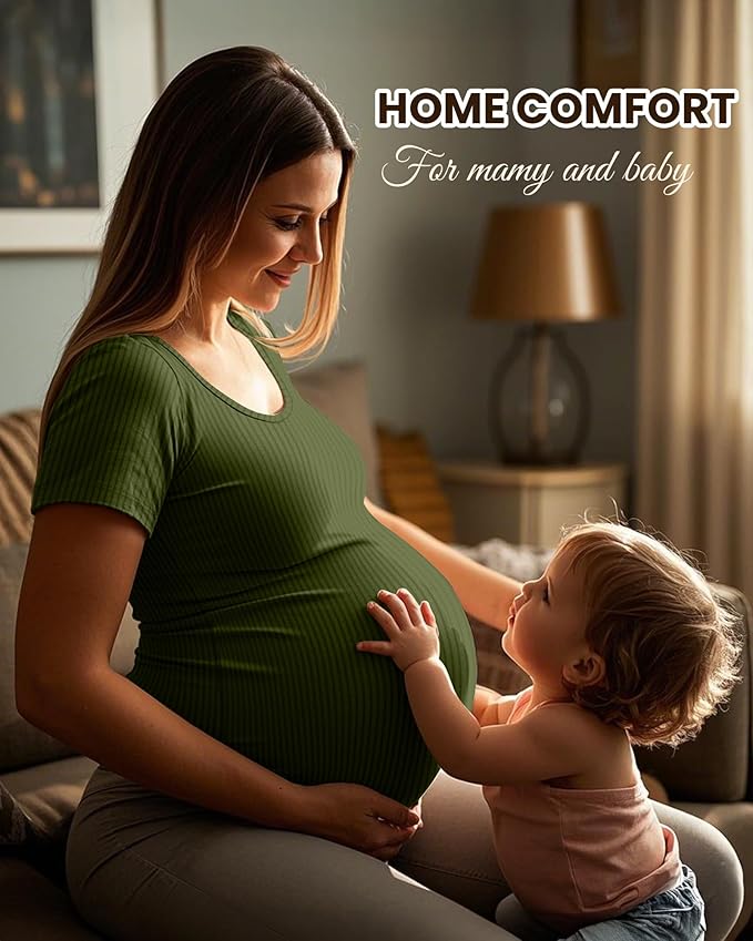 Neer 3 Pack Women's Ribbed Maternity Tops Pregnancy Round Neck Shirts Short Sleeve Soft Maternity Clothes for Mama