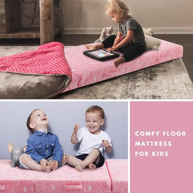 MeMoreCool Foldable Floor Mattress for Kids, Glow Unicorn Trifold Mat, Kids Folding Mattress Portable Futon, 57x22 Inch Pink