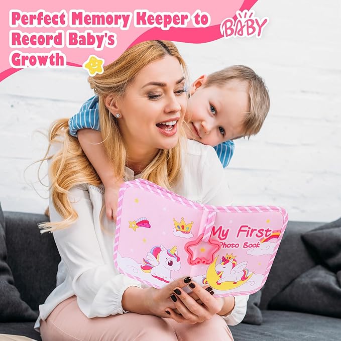 Lanpn Baby Photo Album Holds 17 4x6 Pictures, My First Soft Cloth Family Photo Book with Name Card & Name Tag Sticker, Fabric Kid Memory Keepsake Gift for Baby Shower Newborn Toddler Girl (Unicorn)