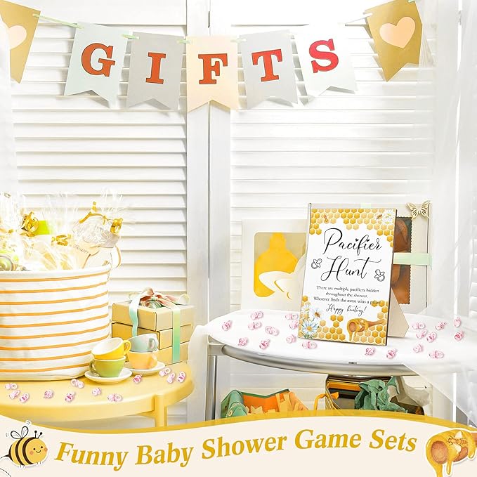Roowest 51 Pcs Pacifier Hunt Baby Shower Games Include Wooden Hunt Sign and 50 Acrylic Mini Plastic Pacifiers for Baby Shower Game Decoration Gift Sets Gender Reveal Party Supplies