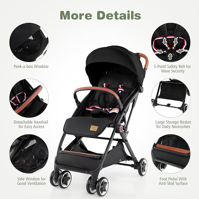 BABY JOY Lightweight Baby Stroller, Compact Toddler Travel Stroller for Airplane, Infant Stroller w/ 5-Point Harness, Adjustable Backrest/Footrest/Canopy, Storage Basket, Easy One-Hand Fold (Black)