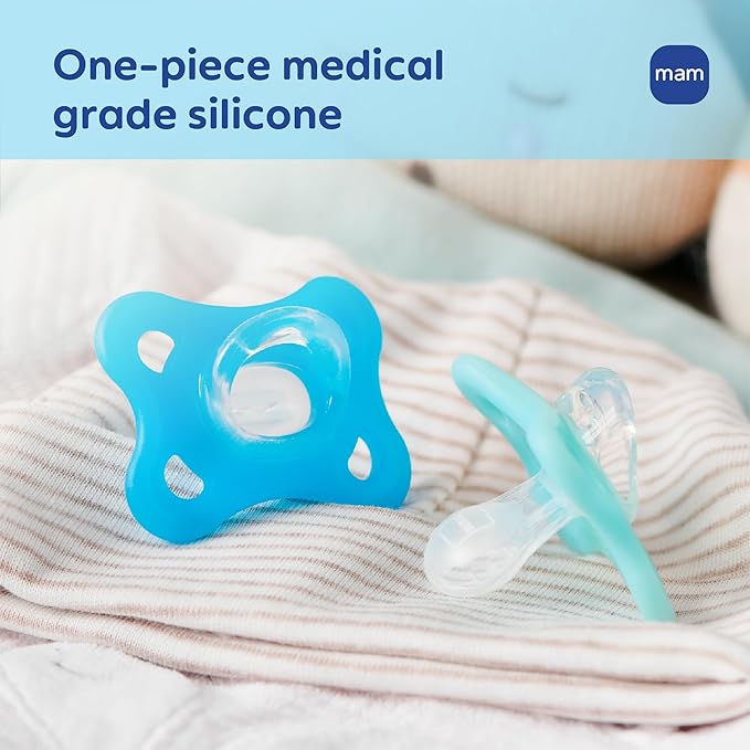 MAM Comfort Baby Pacifiers 0-3 Months Newborns, Lightweight One-Piece Full Silicone Binky, BPA-Free Nipple, Easy to Clean Pacifier, Best for Breastfed Babies, 2 Count, Sterilizer Case, Made in Europe