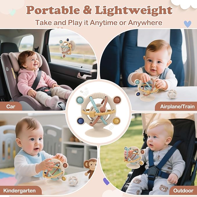 TYRY.HU Silicone Baby Teething Toys for Babies 0-6 6-12 Months, Multi Purpose High Chair Toys, Baby Suction Table Toys, Montessori Sensory Toys with Rattle for Teething Relief, Gift for Infant, Khaki