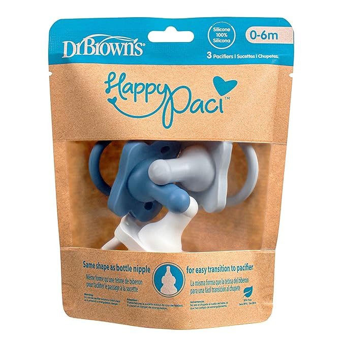 Dr. Brown's HappyPaci 100% Silicone Baby Pacifier, Contoured One-Piece Design, Blue/Light Blue/White + Gray/Green/Ecru, 0-6m, BPA-Free, 6-Pack