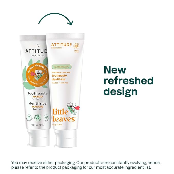 ATTITUDE Kids Fluoride-Free Toothpaste, EWG Verified, Plant- and Mineral-Based Ingredients, Vegan, Sugar-Free, Mango, 4.2 Oz