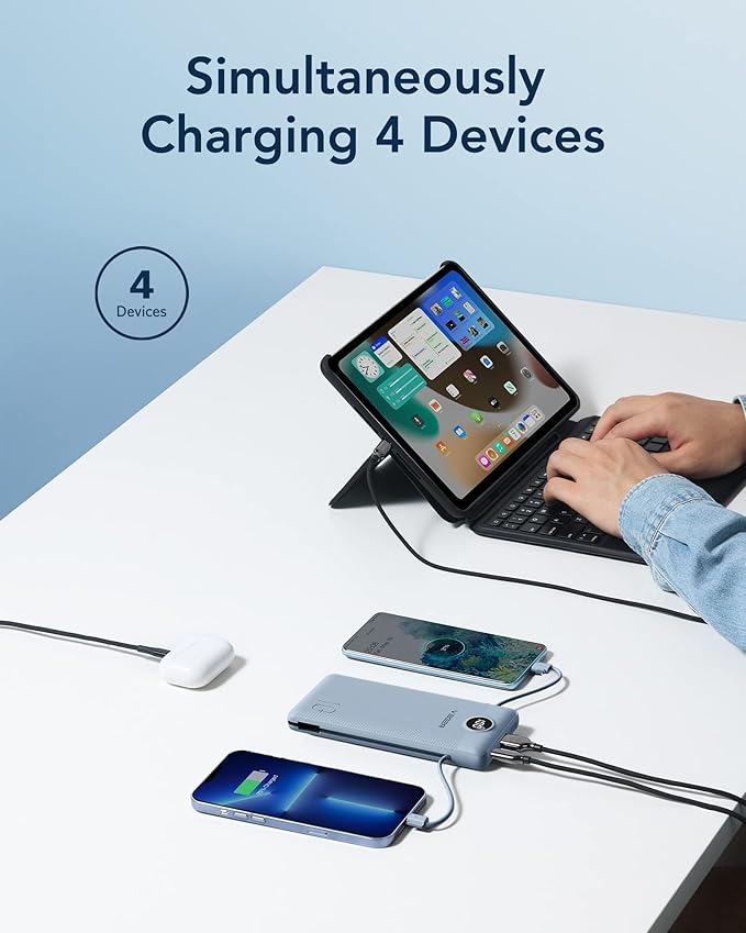 VEGER Portable Charger with Built-in AC Plug and Cables, All in One 10000mAh Ultra Slim Power Bank Travel Essentials, 15W Fast Charging Battery Pack Compatible with iPhone, Samsung, Android (Blue)