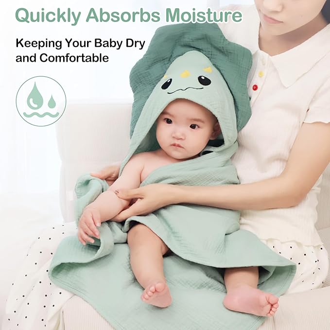 Unicorn Castle Hooded Baby Towels 2Pack 100% Muslin Baby Bath Towels for Newborn Animal Design Ultra-Soft Baby Girl Boy Bath Essentials 30 X 30 Inch,Green Dinosaur - Beige