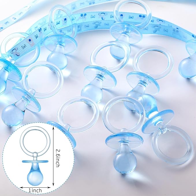 Tondiamo 48 Pieces Baby Pacifiers Party Favors with 24 Plastic Pacifiers and 24 Mini Clothes Pins Transparent Baby Showers Pacifiers Necklace Baby Girl Boy Pacifier Necklace for Party Favor(Blue)