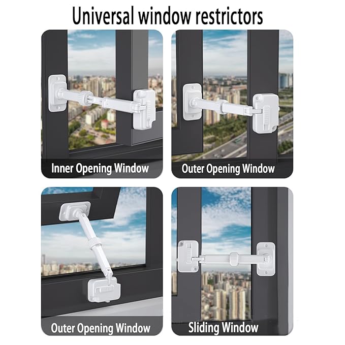 CMINGJ（3 Pack） Child Proof Window Restrictor, Adjustable Baby Safety Window Lock, Window Safety Locks for Toddlers & Pets, Easy to Install Suitable for Door, Washing Machine, Cat Door (White)