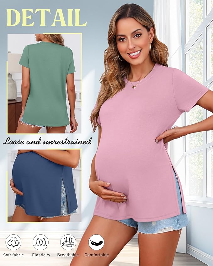Ficerd 3 Pack Women's Maternity T Shirts, Short Sleeve Side Split Pregnancy Tops Casual Crew Neck Pregnant Tees Mama Clothes