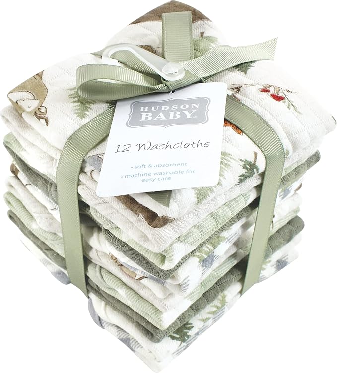 Hudson Baby Unisex Baby Quilted Cotton Washcloths, Forest Animals, One Size