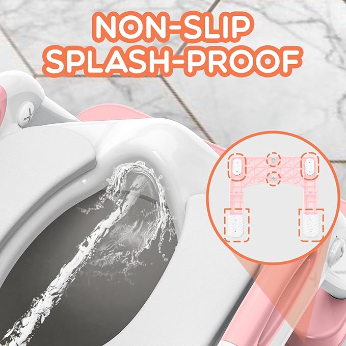 SKYROKU Potty Training Seat for Toddlers – 2-in-1 Adjustable potty ladder with Step Stool, Anti-Slip Cushion, Splash Guard & Extra-Wide Pedals, Supports 200+ lbs, Ideal for Boys & Girls (8899-Pink)