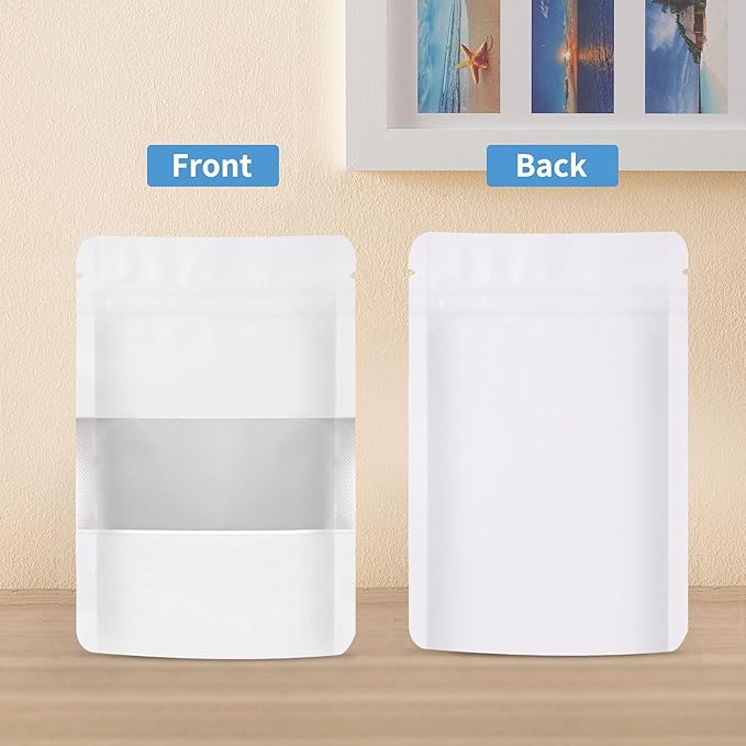 100 Pieces Smell Proof Mylar Bags, Resealable Food Storage Bags with Clear Window, Foil Pouch Stand-up Bags for Food Self Sealing Storage Supplies (White, 4.7 x 7.8 Inch)