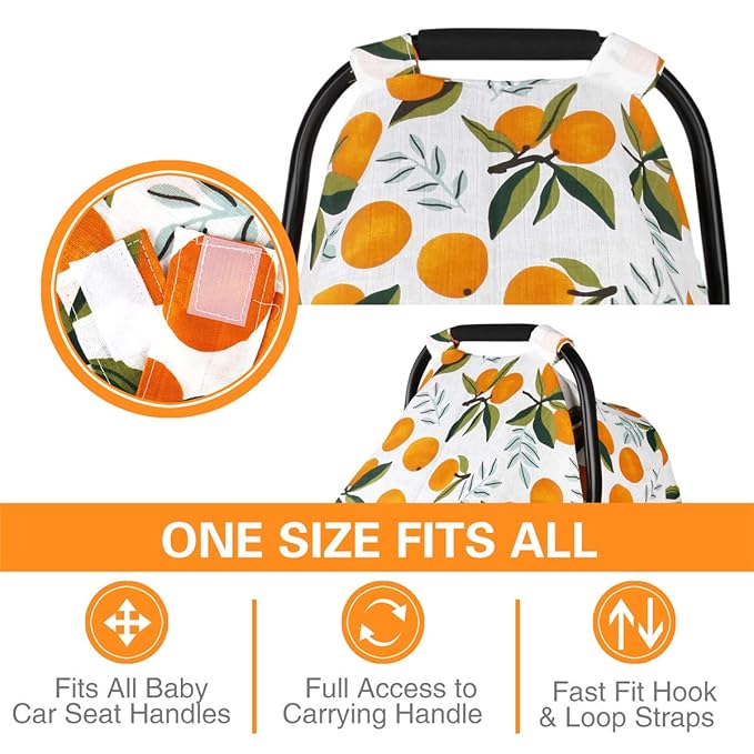 Baby Car Seat Cover Infant Carseat Canopy, Metplus Cotton Muslin Carrier Covers, Summer Stroller Canopie - Extra Wide Universal Fit, Lightweight Breathable Soft for Newborn Boy Girl (Oranges)