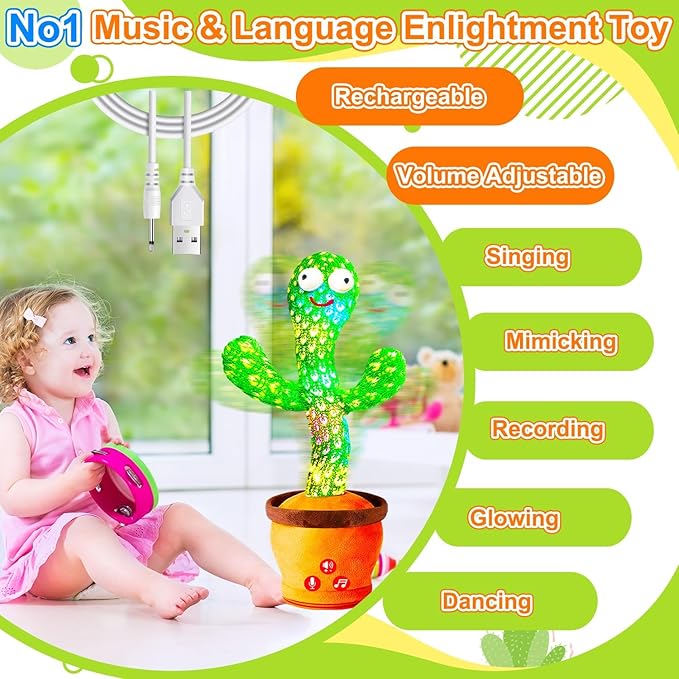 Rechargeable Baby Toys Dancing Talking Cactus Toy for Baby, Volume Adjustable, Singing, Mimicking, Repeating, Baby Infant Toys for Girls Boys, Valentine Gifts for Kids Baby Todder